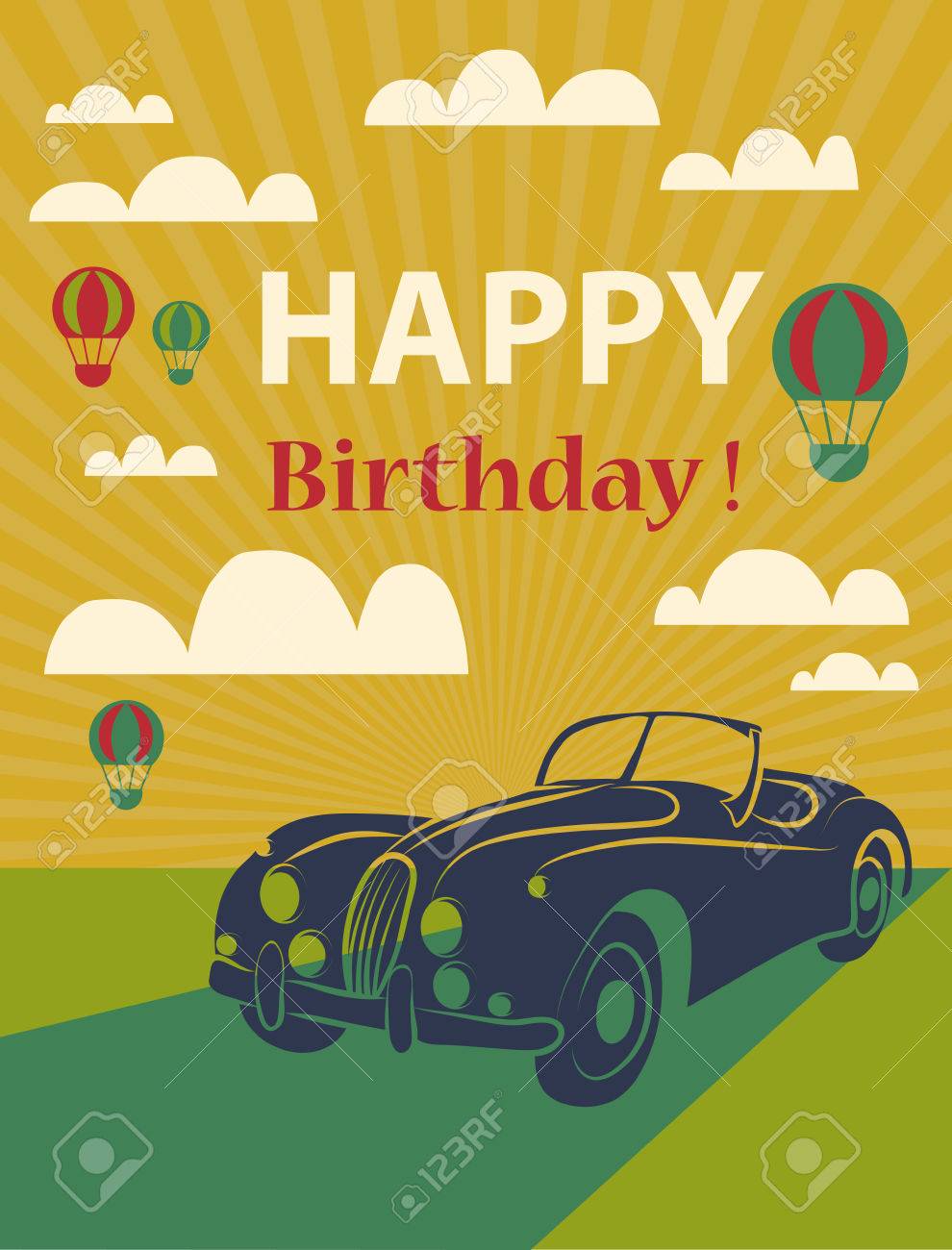 Carte D Anniversaire Heureux Avec Retro Voiture Et Ballons A Air Chaud Vector Illustration Clip Art Libres De Droits Vecteurs Et Illustration Image