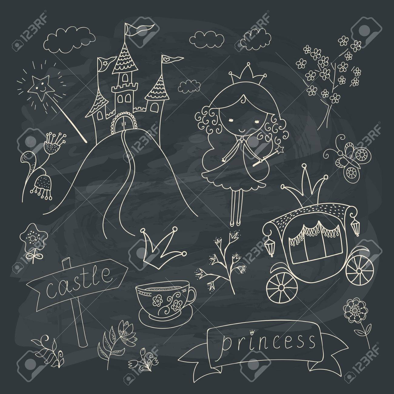 手描きの童話プリンセス落書きデザイン要素黒板背景に設定のイラスト素材 ベクタ Image