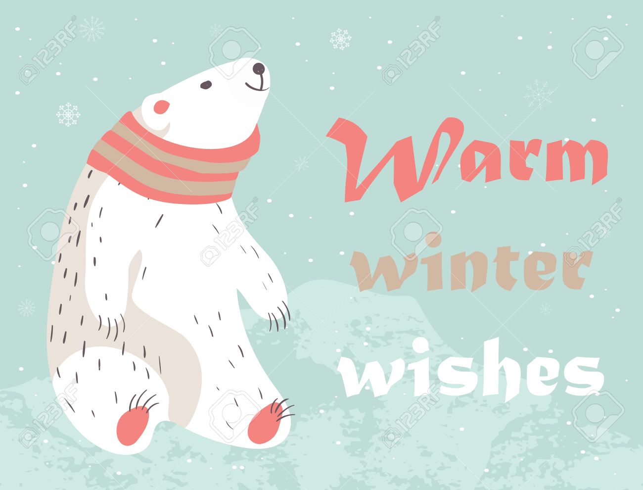 christmas card with cute polar bear in scarf warm winter wishes