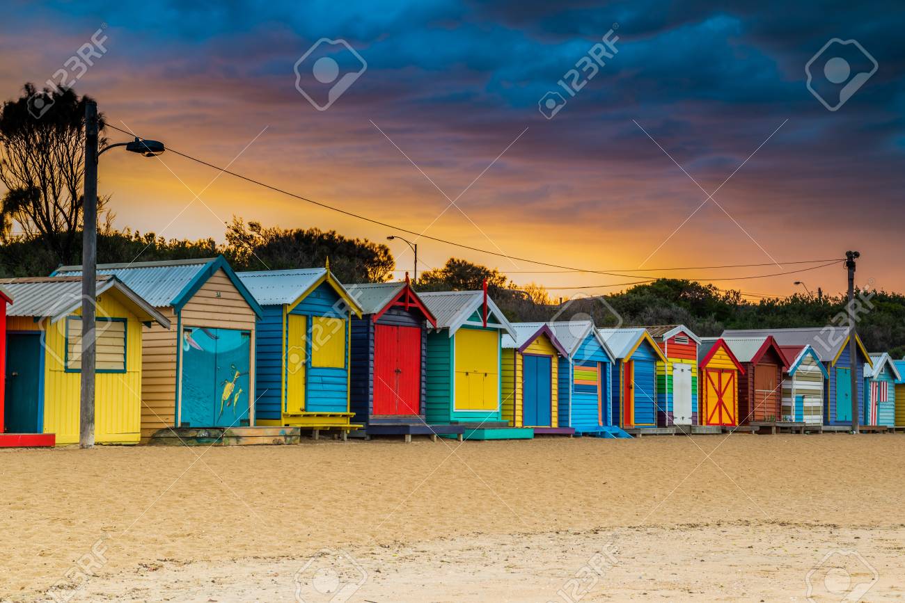 Brighton Beach, Australia: April 1, 2014: Colorful Beach House At Sunrise  In Brighton Beach Melbourne On April 1, 2014, Melbourne, Australia Stock  Photo, Picture and Royalty Free Image. Image 84383710., image size:1300x867