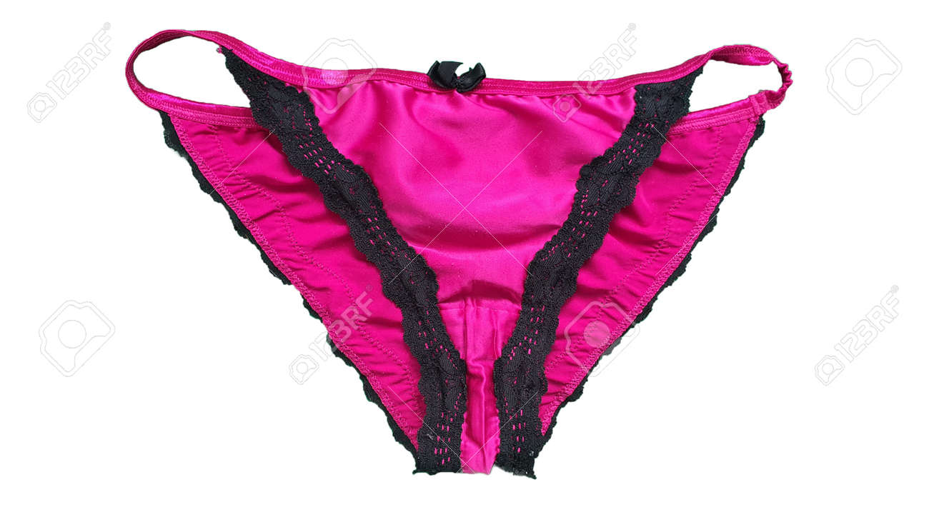 接写パンティ 着用した女性の下着。白い背景に高級でエレガントなピンクと黒の着用女性用パンティー、接写。下着のファッションの写真素材・画像素材 Image  188417608
