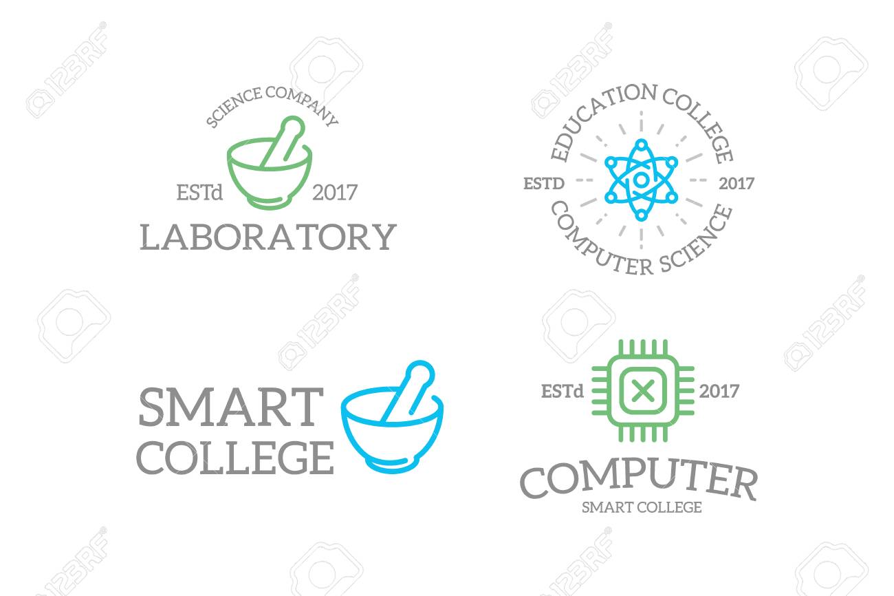 set of retro vintage chip atom tube molecule lab logo or stock molecule vs atom