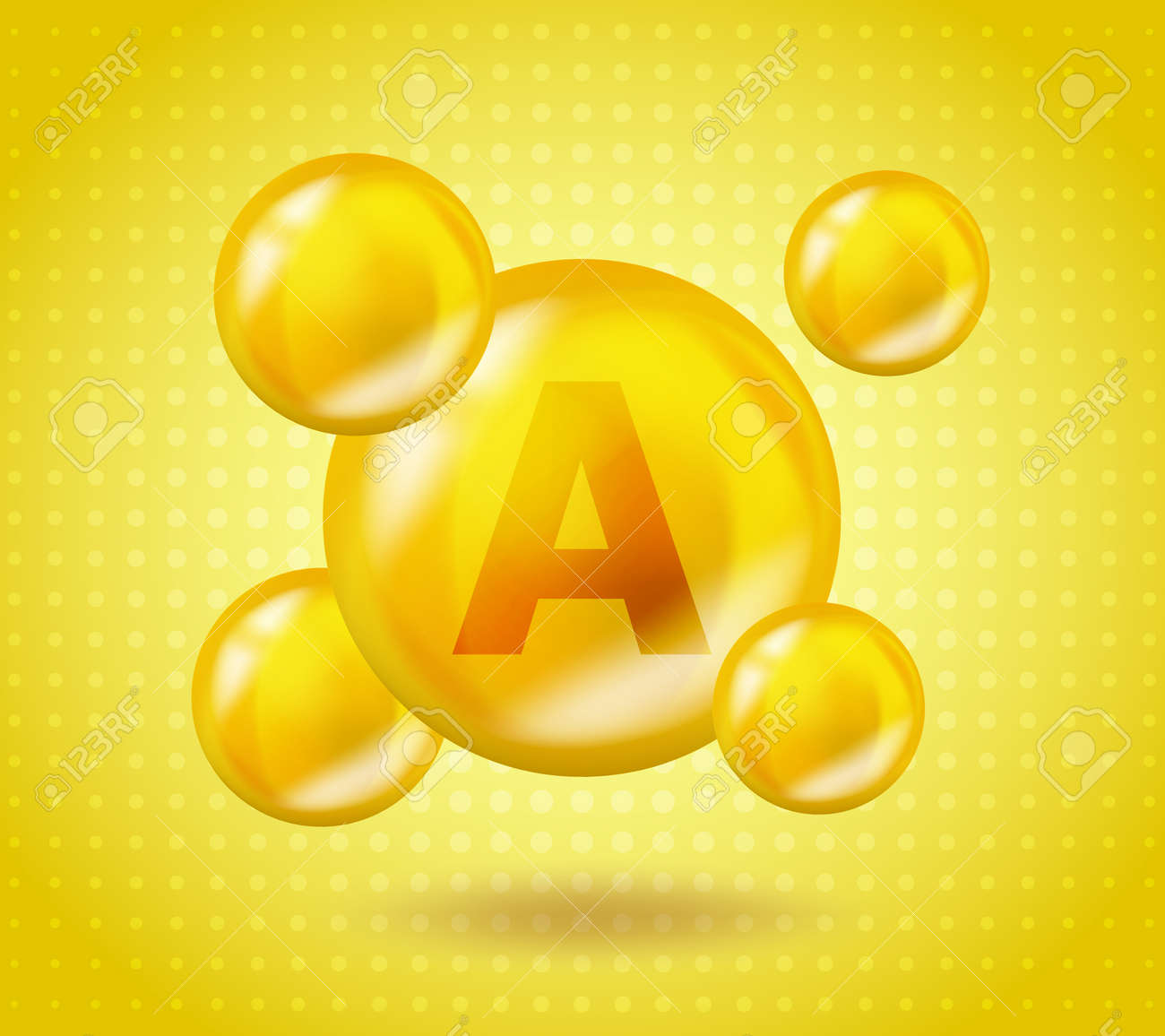 リアルなビタミンAレチノールデザイン。黄色の栄養イラストのコンセプトです。 3Dビタミン複合体レチノールデザイン。ピルカプセルをドロップします。の イラスト素材・ベクター Image 178309027