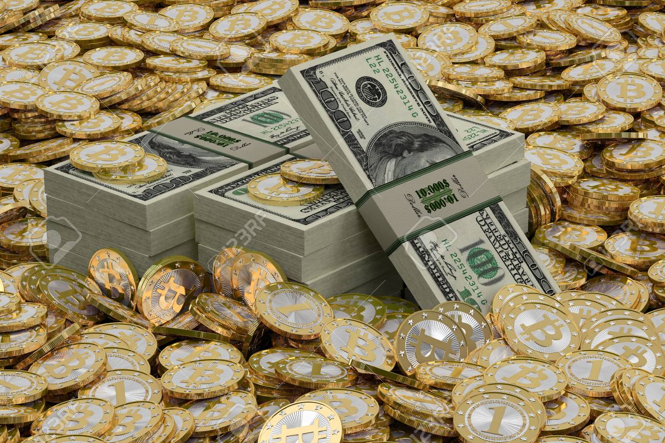Golden Bitcoins And Dollar Bills Stock Photo, Picture and Royalty Free  Image. Image 28073790.