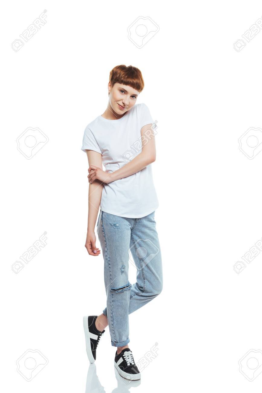 white shirt denim pants