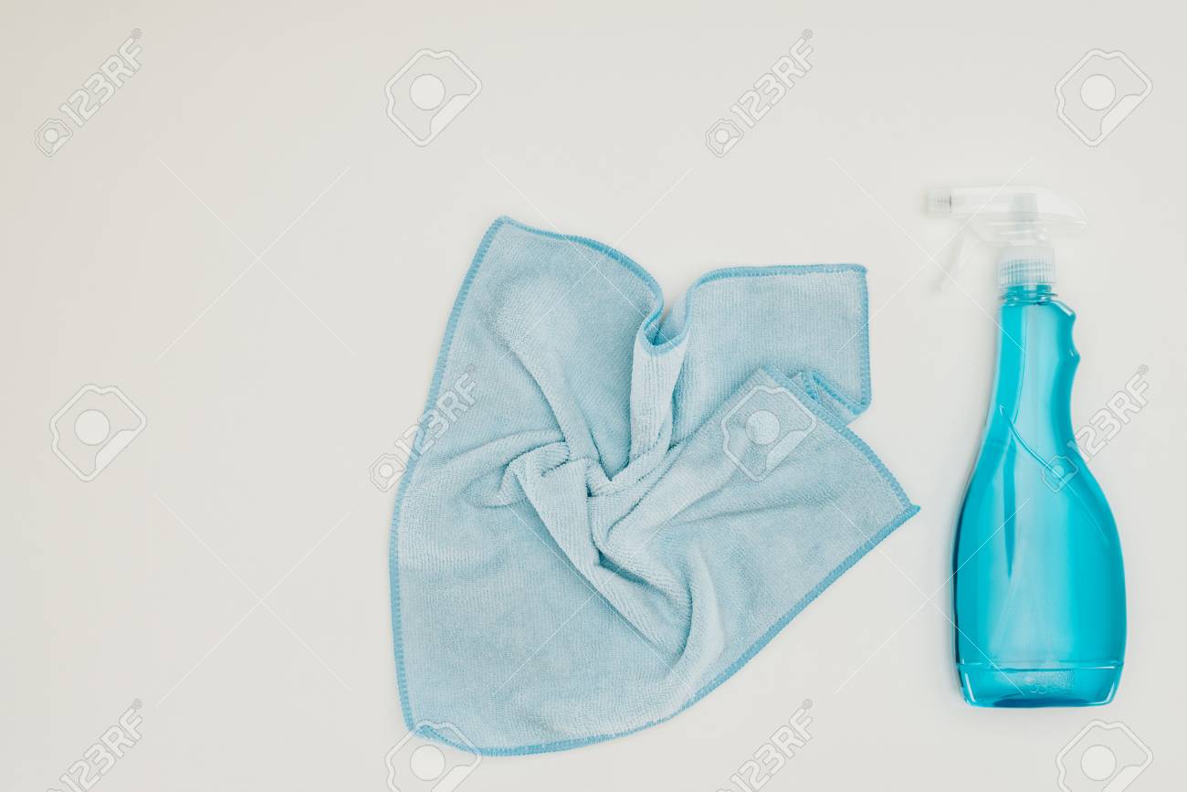 top view of blue rag and spray bottle isolated on white - 111571175 top view of blue rag and spray bottle isolated on white - 111571175