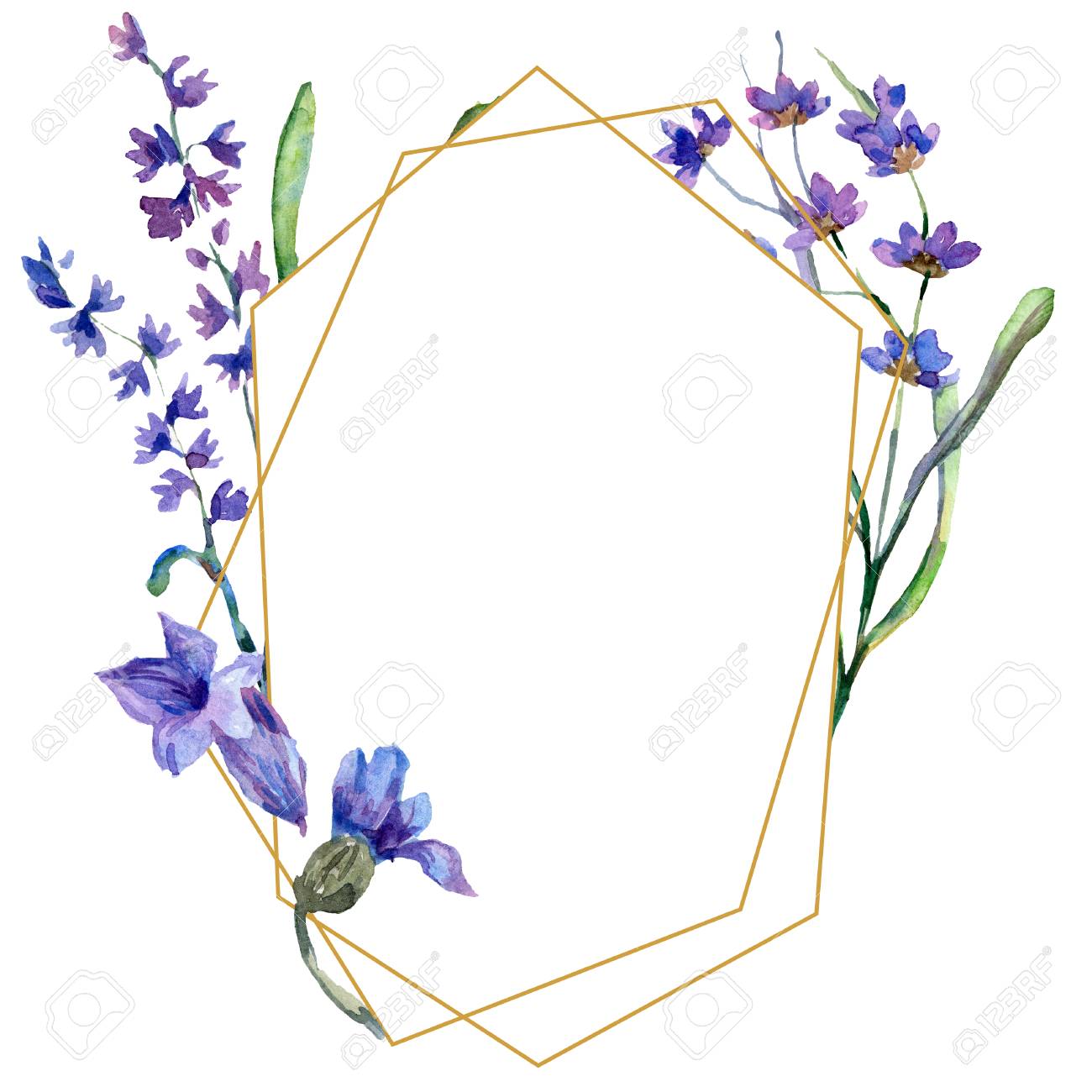 Purple lavender. Floral botanical flower. Watercolor background illustration set. Frame border ornament. Gold crystal stone polyhedron mosaic shape amethyst gem. - 113293255 Purple lavender. Floral botanical flower. Watercolor background illustration set. Frame border ornament. Gold crystal stone polyhedron mosaic shape amethyst gem. - 113293255