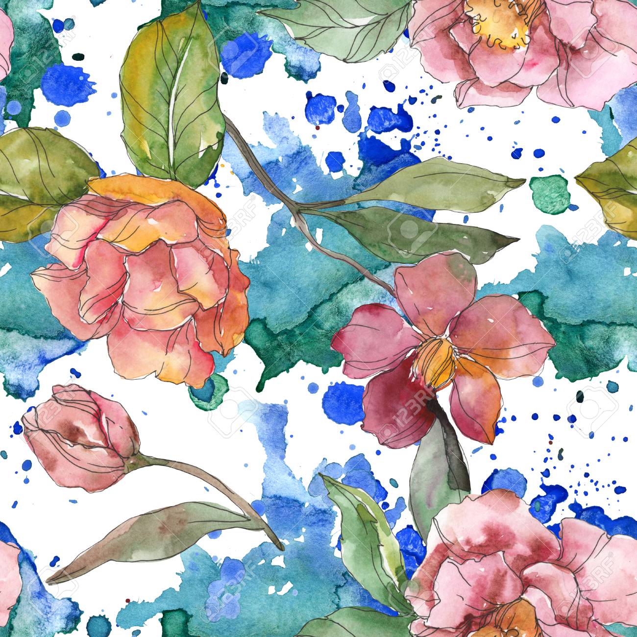 red camelia floral botanical flower wild spring leaf watercolor drawing watercolour