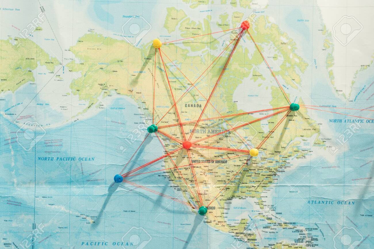 Map With Pins And String Top View Of Push Pins And Strings On World Map Stock Photo, Picture And  Royalty Free Image. Image 121460739.