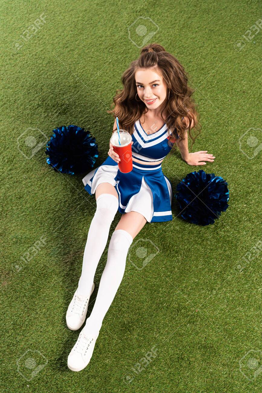 Overhead View Of Pretty Cheerleader Girl In Blue Uniform Sitting Stock Photo Picture And Royalty Free Image Image 150