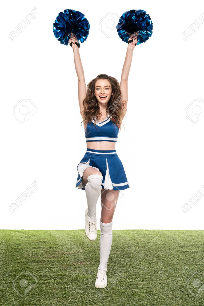 Sexy Happy Cheerleader Girl In Blue Uniform Dancing With Pompoms Stock Photo Picture And Royalty Free Image Image