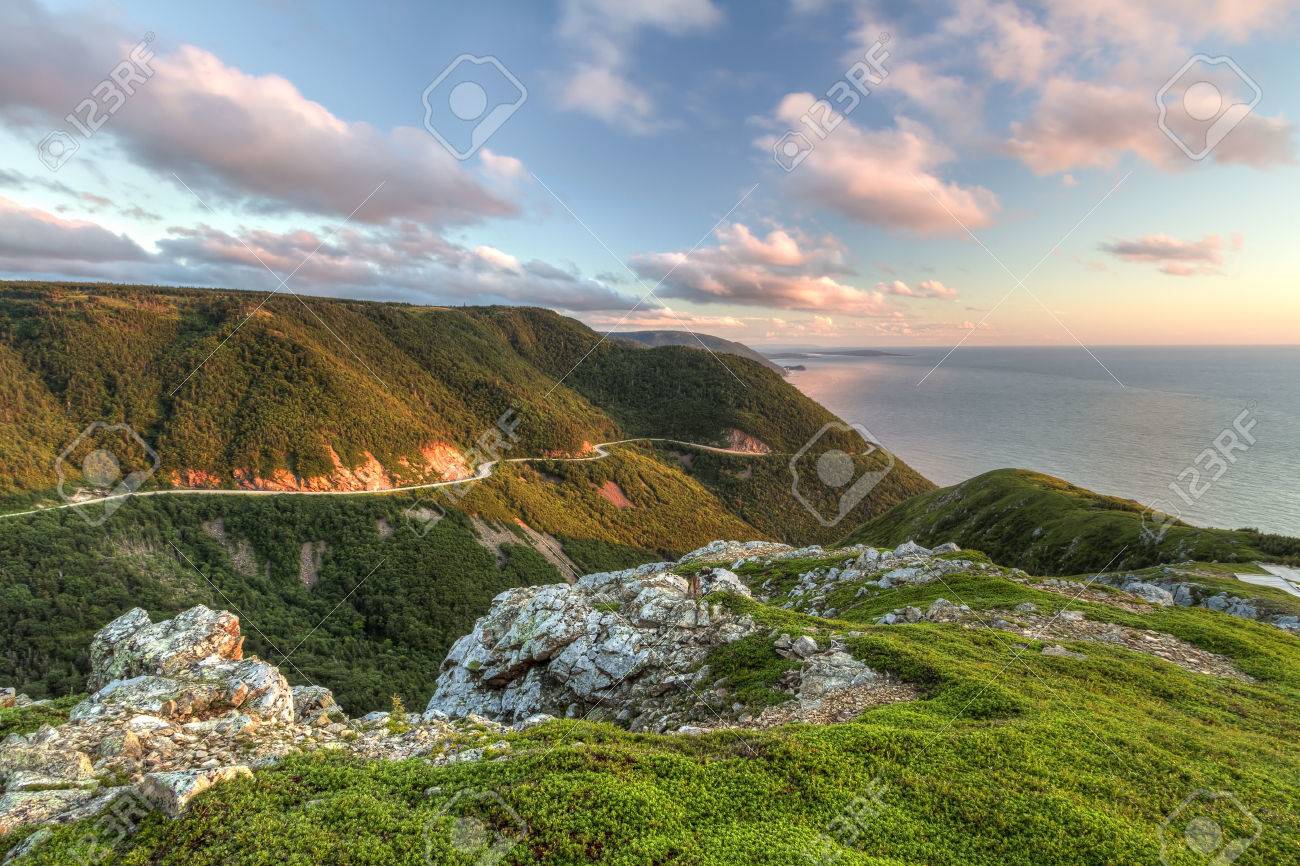 The winding Cabot Trail road seen from high above on the Skyline Trail at sunset in Cape Breton Highlands National Park, Nova Scotia - 24562916 The winding Cabot Trail road seen from high above on the Skyline Trail at sunset in Cape Breton Highlands National Park, Nova Scotia - 24562916