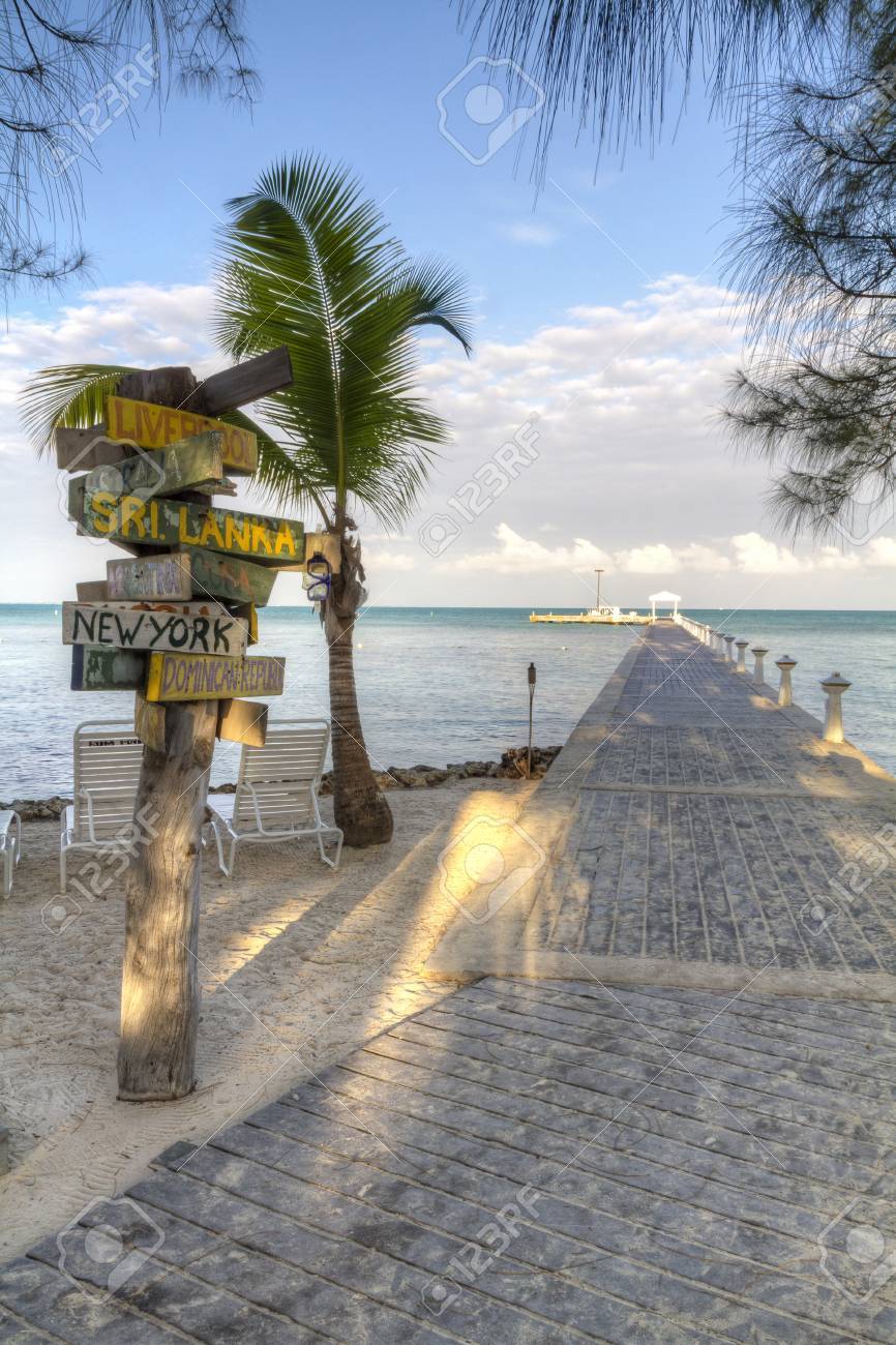 A Signpost With Various Destinations Next To The Blue Green