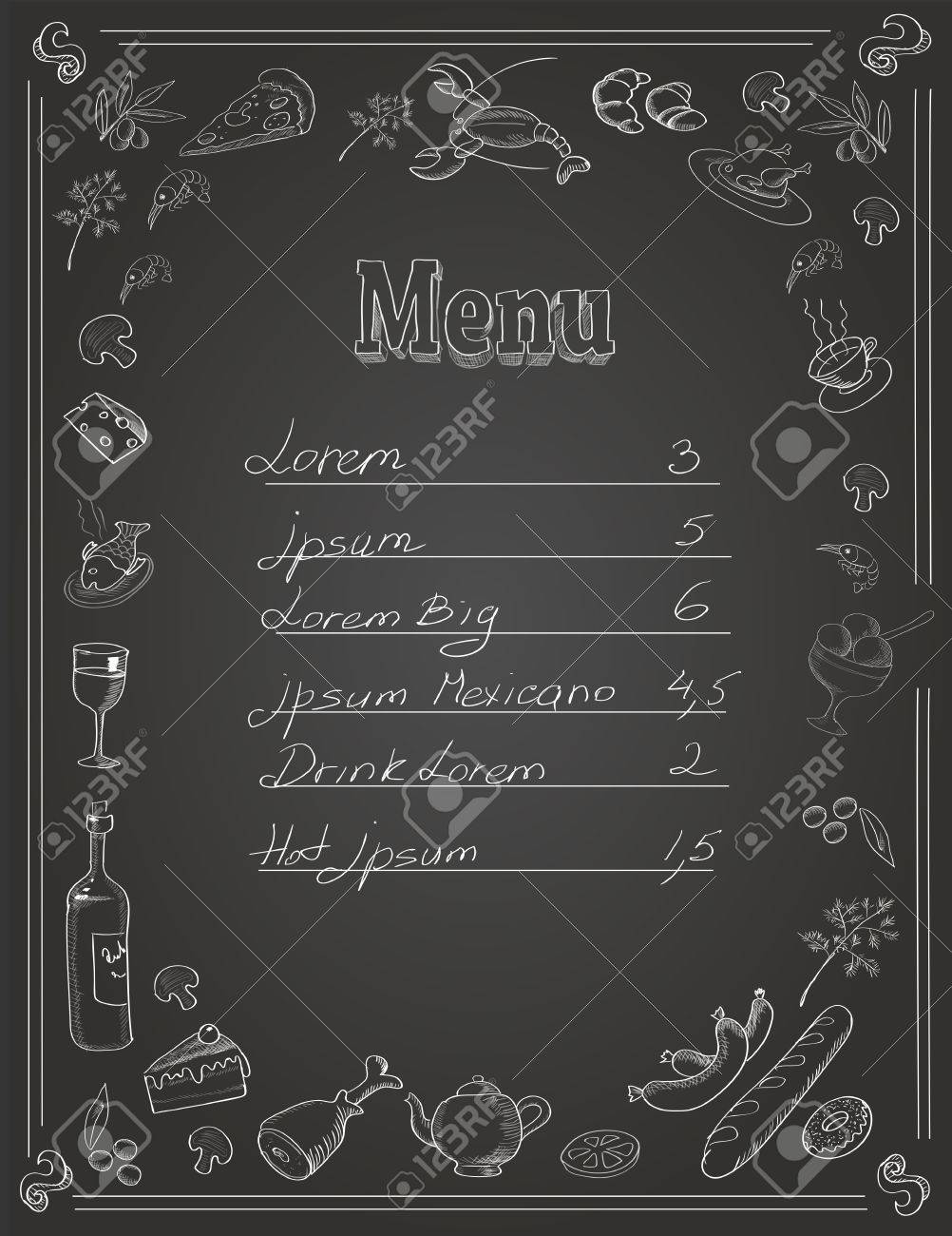 restaurant food menu design with chalkboard background and place