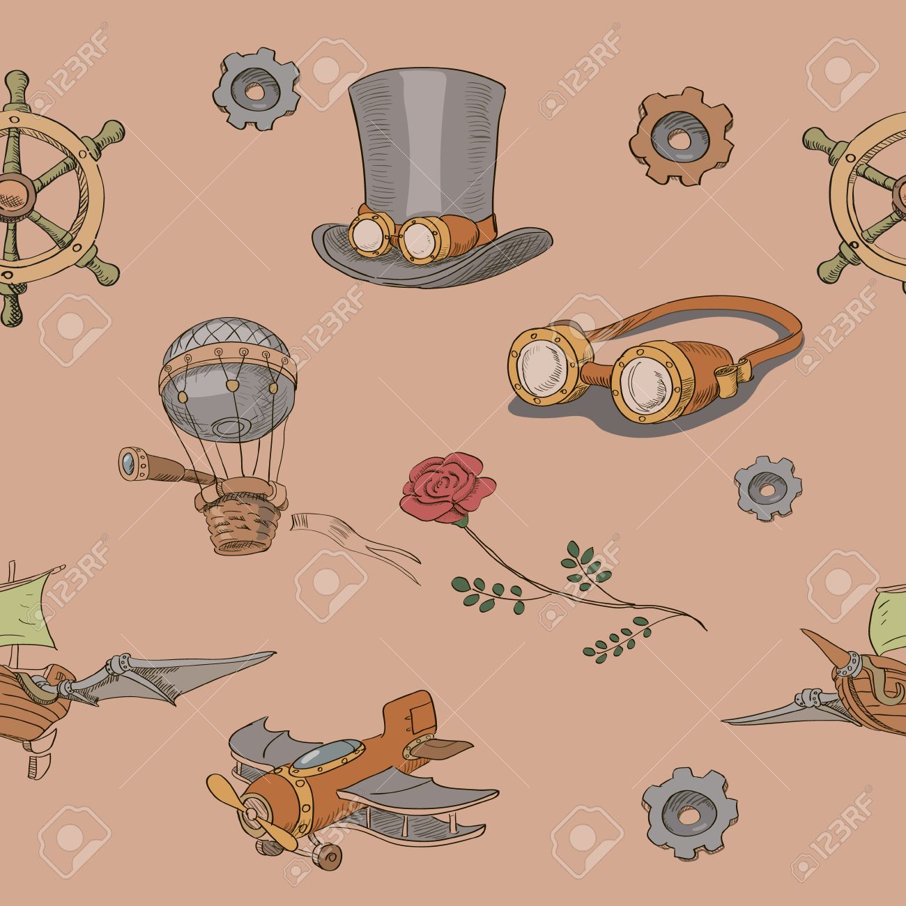 シームレス パターン スチーム パンク スチーム パンクなシルクハットと真鍮のゴーグル のイラスト素材 ベクタ Image