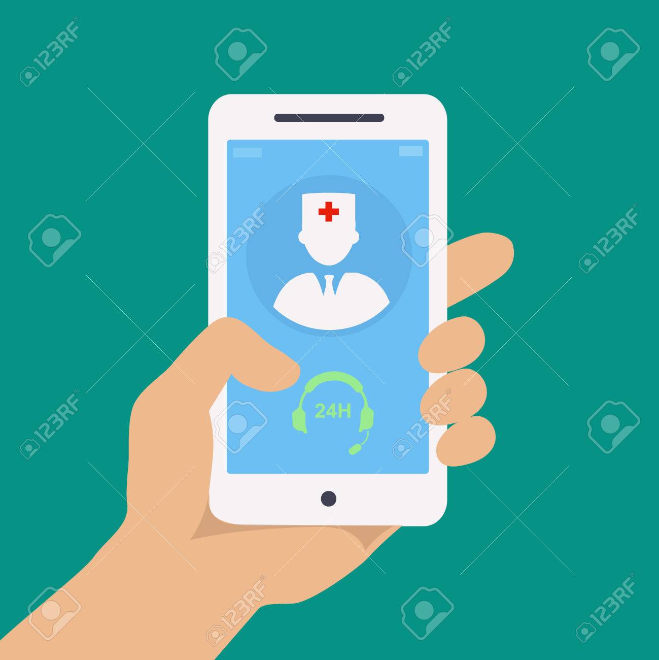 Vecto flat concept web design of hand holding mobile phone with medical assistance and doctor consultation online icon - 40186716 Vecto flat concept web design of hand holding mobile phone with medical assistance and doctor consultation online icon - 40186716