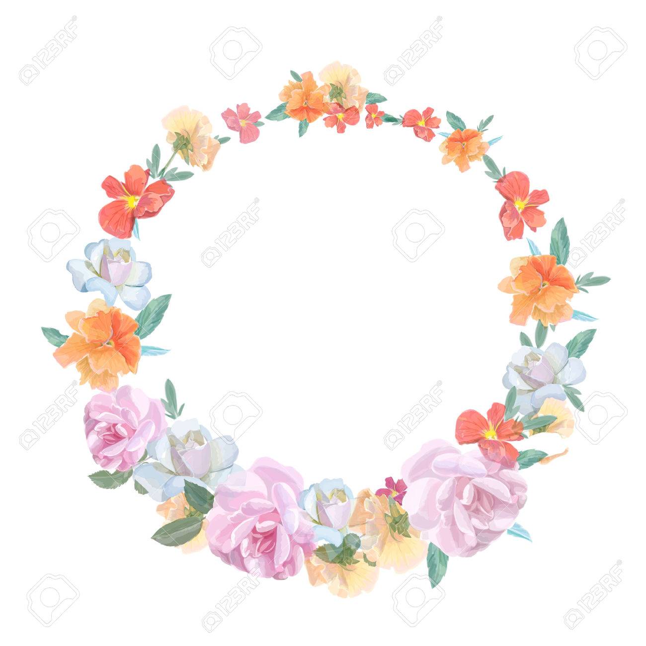 バラ ヴィオラ 水彩風に描かれているからレトロな丸フレームのイラスト素材 ベクタ Image