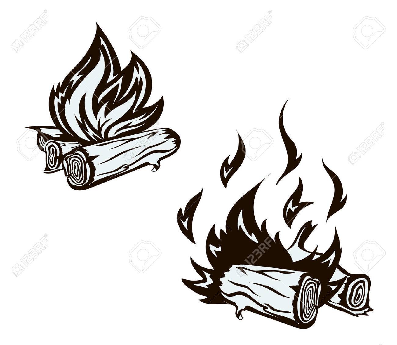 手描きのたき火でポスターを設定します 炎 やけど 薪暖炉 キャンプファイヤー イラスト の写真素材 画像素材 Image