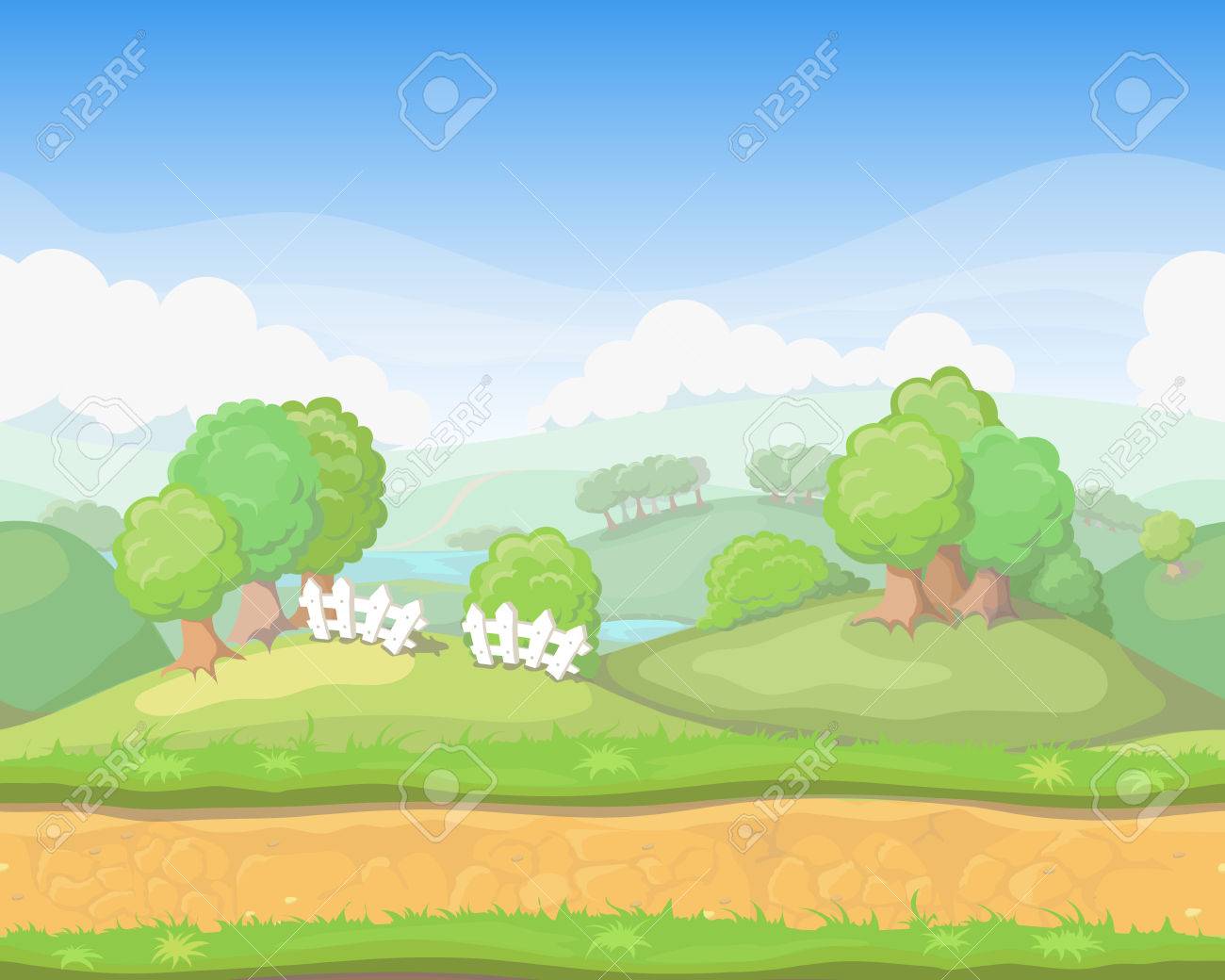 漫画かわいい国シームレス水平風景 ゲームの背景イラスト の写真素材 画像素材 Image