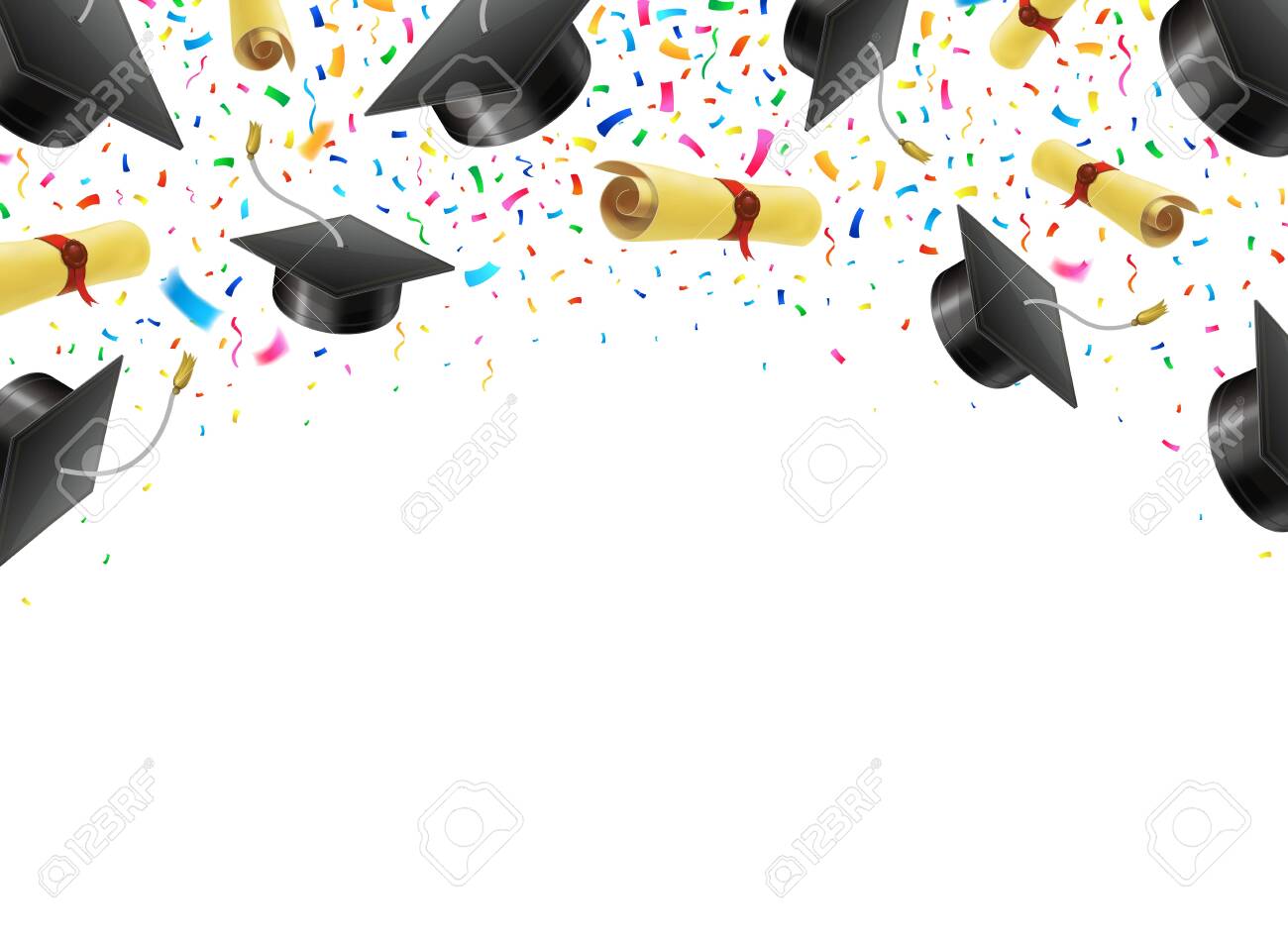 Graduate caps and diplomas flying with multi colored confetti. Academic hats in air with ribbons. - 123408209 Graduate caps and diplomas flying with multi colored confetti. Academic hats in air with ribbons. - 123408209
