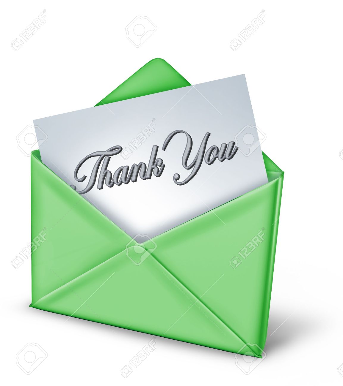 stock photo thank you note in a green envelope representing gratitude and thanks for a friendly act from family and great helpful long time friends