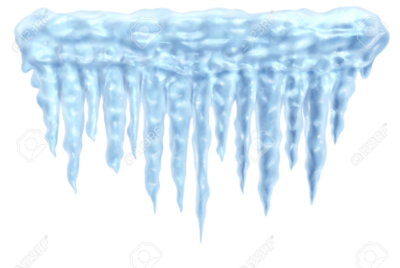 Icicles And Ice Frozen Winter Design Element On A White Background  Representing The Cold Arctic Weather And Low Freezing Temperatures  Resulting In Hanging Shiny Transparent Ice Crystals. Stock Photo, Picture  And Royalty
