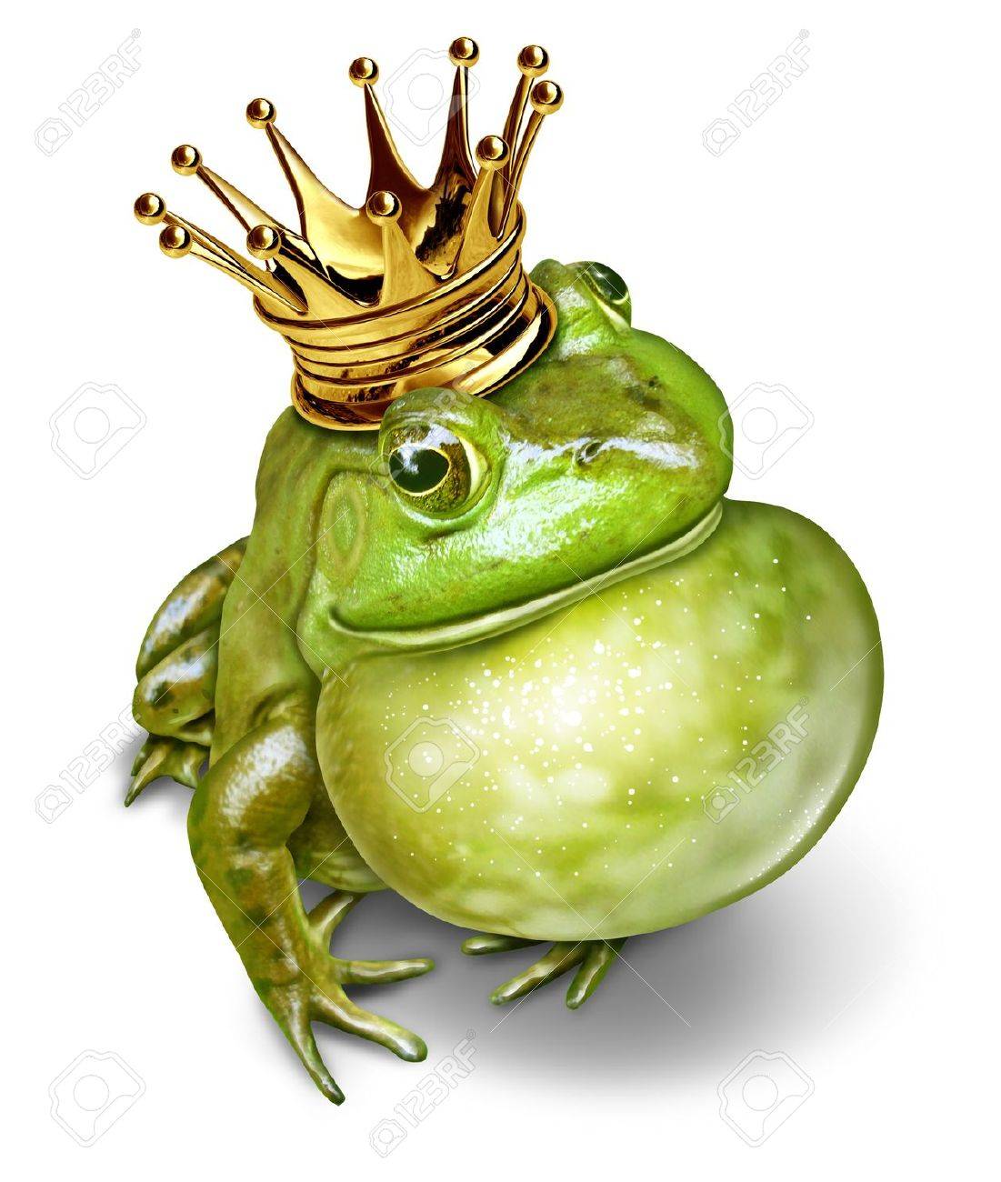 Frog prince with gold crown and an inflated throat representing the fairy tale concept of communication change and transformation from an amphibian to royalty - 17997204 Frog prince with gold crown and an inflated throat representing the fairy tale concept of communication change and transformation from an amphibian to royalty - 17997204