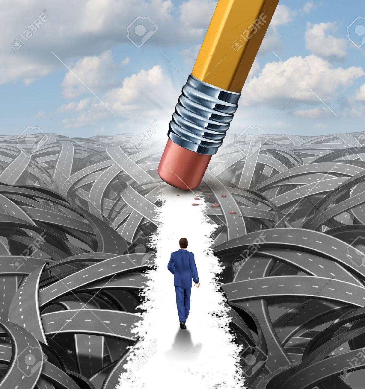 Clear the confusion leadership solutions with a businessman walking through a group of tangled roads opened up by a pencil eraser as a business concept of innovative thinking for financial success - 20688382 Clear the confusion leadership solutions with a businessman walking through a group of tangled roads opened up by a pencil eraser as a business concept of innovative thinking for financial success - 20688382