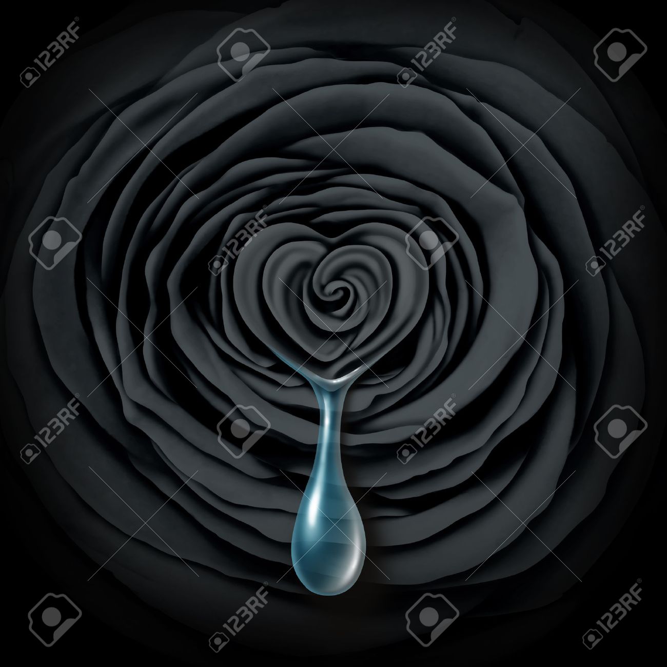 Sad Rose Concept Comme Une Fleur Noir Fonce Avec Une Forme De Coeur Pleure Une Larme Ou Larme Comme Un Symbole De Tristesse Ou Emotionnelle Icone De La Douleur Ou De Divorce