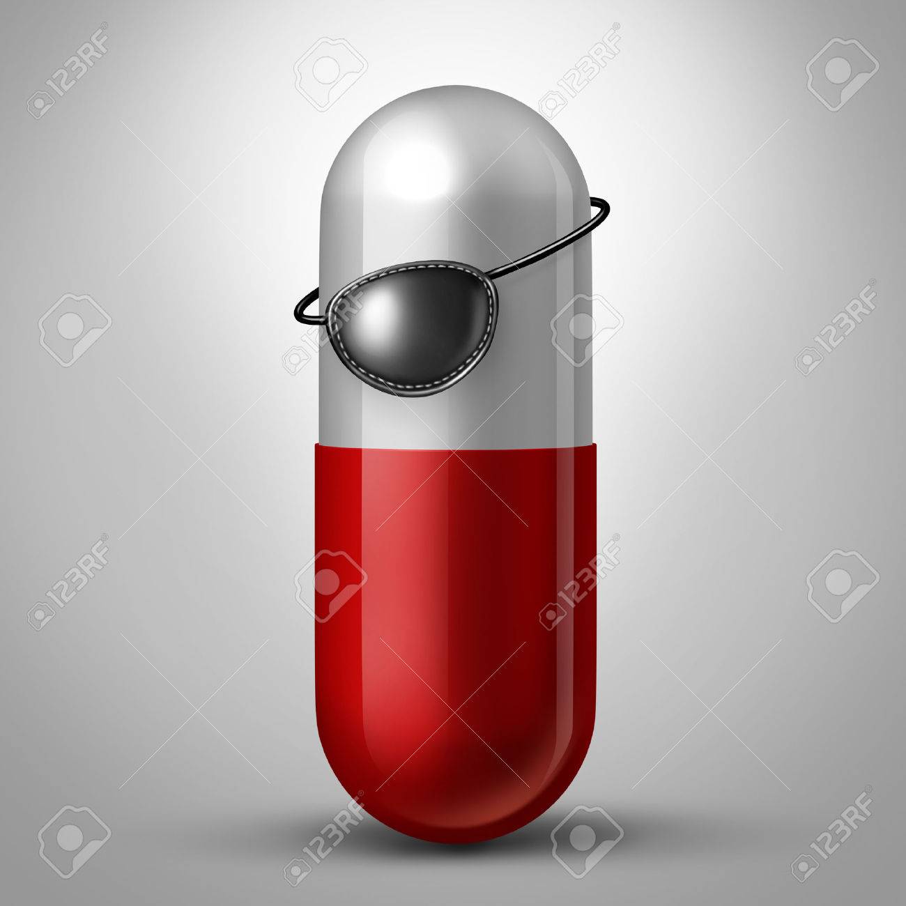 医療犯罪の象徴として海賊眼帯や眼帯を着用処方カプセル錠剤として違法製薬医学概念 の写真素材 画像素材 Image