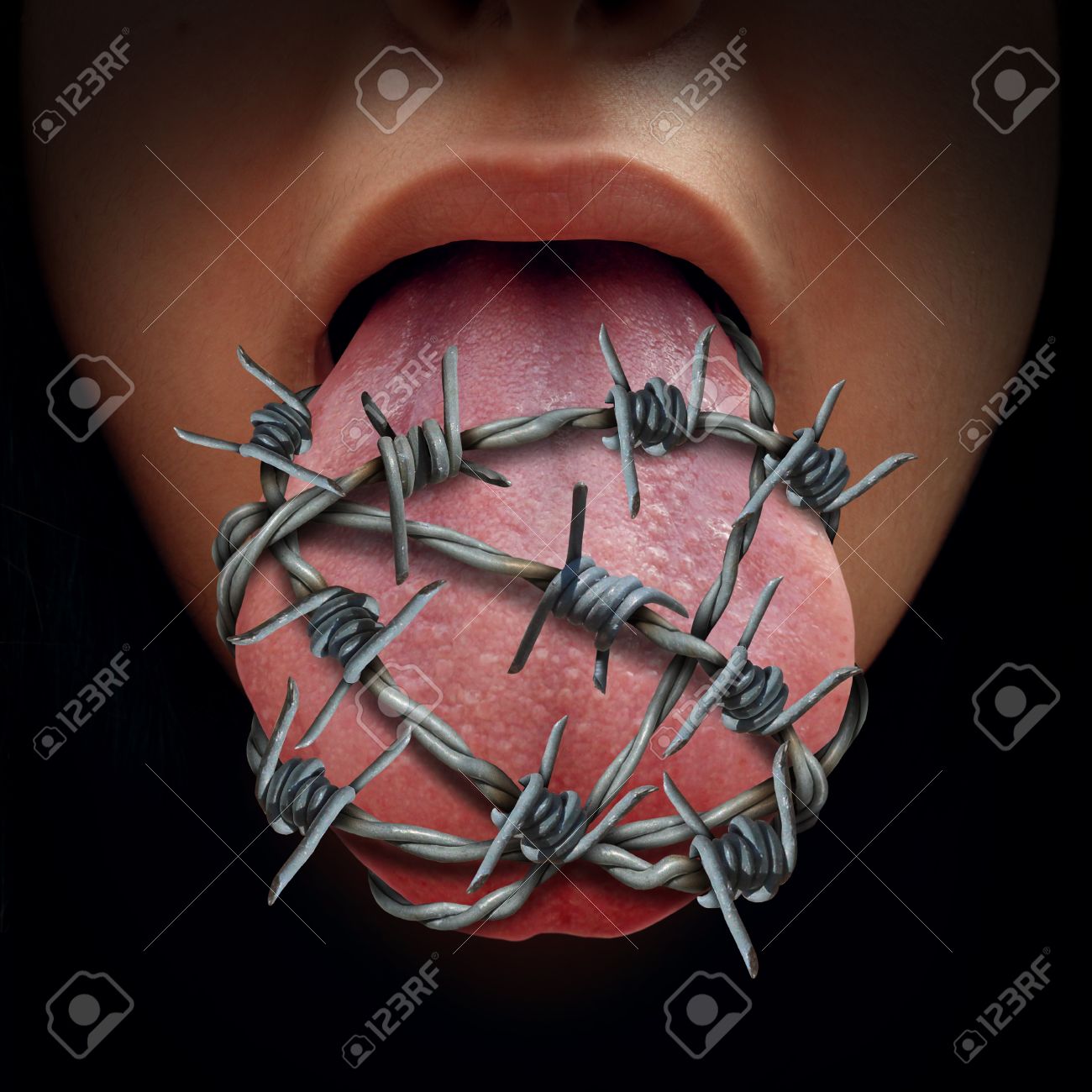 Concept De Crise De La Liberte D Expression Et Censure Dans L Expression Du Symbole Des Idees Comme Une Langue Humaine Enveloppee Dans De Vieux Fils De Fer Barbeles Comme Metaphore De La Pression