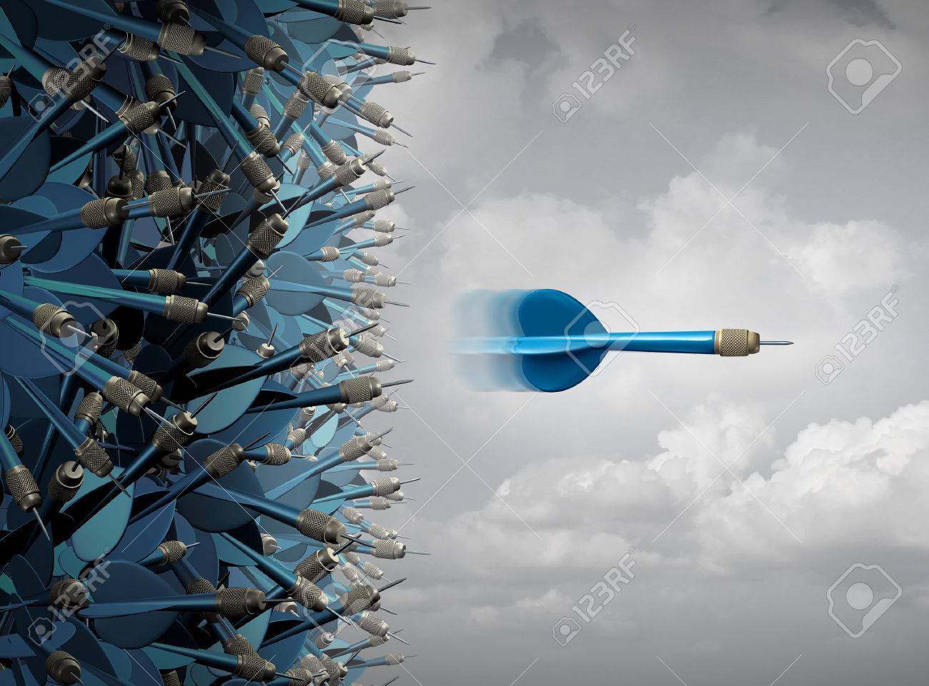 Business success focus as a symbol for successful communication and marketing as a group of mixed up darts and one focused individual emerging in a straight line out away from the pack as a leadership and performance metaphor. - 51757411 Business success focus as a symbol for successful communication and marketing as a group of mixed up darts and one focused individual emerging in a straight line out away from the pack as a leadership and performance metaphor. - 51757411