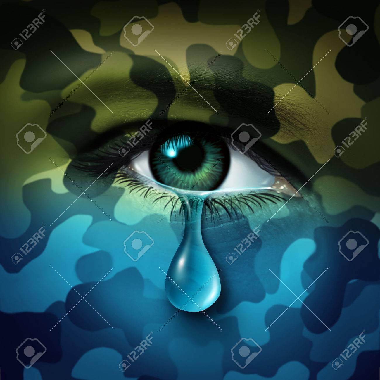 Military depression mental health concept and casualty of war symbol as a crying human eye tear with green camouflage transforming into a blue mood as a metaphor for veteran healthcare or combatant issues. - 54533129 Military depression mental health concept and casualty of war symbol as a crying human eye tear with green camouflage transforming into a blue mood as a metaphor for veteran healthcare or combatant issues. - 54533129