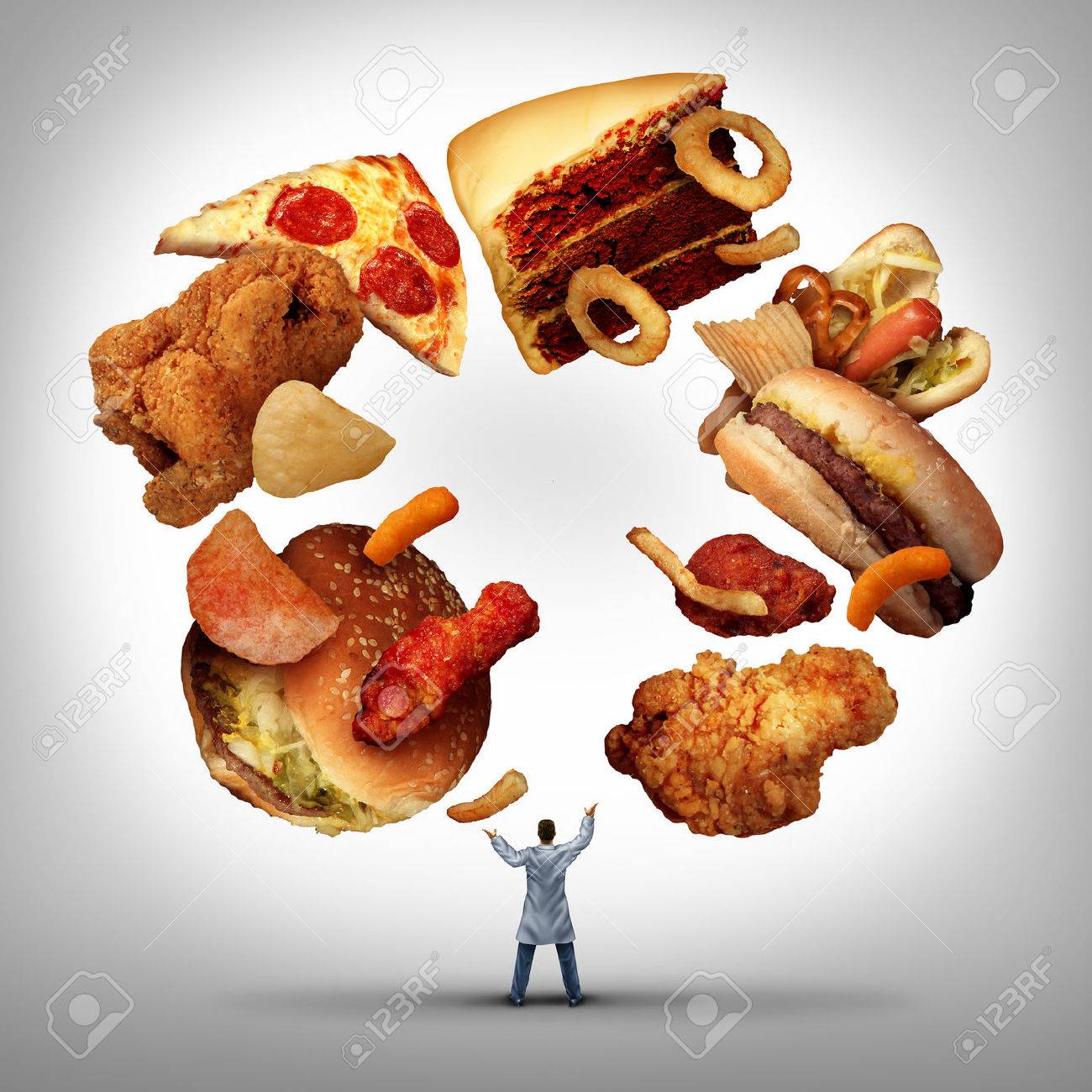 Nutritionist doctor or dietician and dietitian professional unhealthy food concept as a medical physician juggling low nutritional value generic fatty snacks as a nutritionist eating habit advice. - 54533173 Nutritionist doctor or dietician and dietitian professional unhealthy food concept as a medical physician juggling low nutritional value generic fatty snacks as a nutritionist eating habit advice. - 54533173