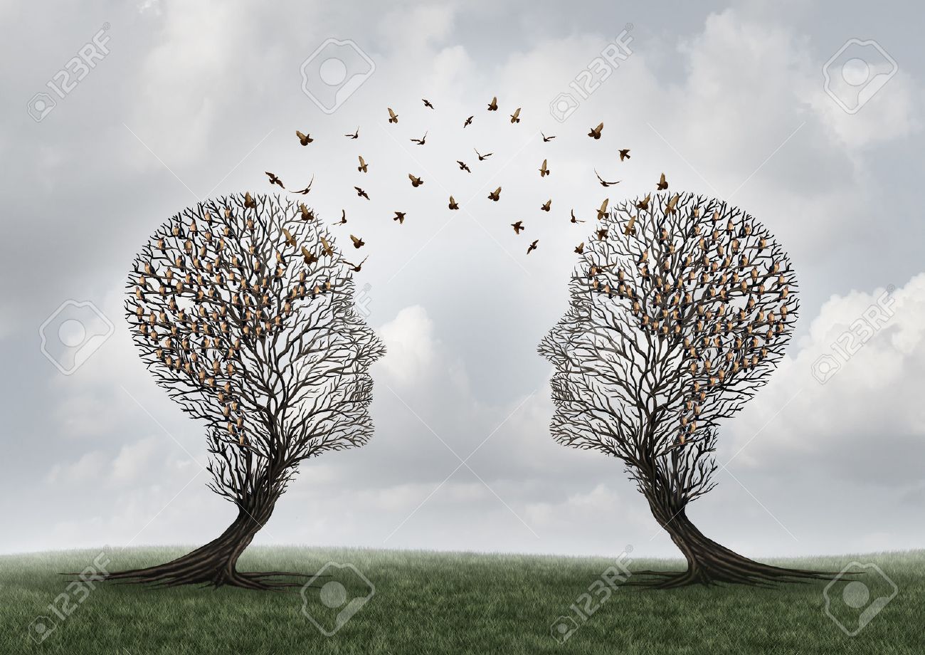 Concept of communication and communicating a message between two head shaped trees with birds perched and flying to each other as a metaphor for teamwork and business or personal relationship with 3D illustration elements. - 55630139 Concept of communication and communicating a message between two head shaped trees with birds perched and flying to each other as a metaphor for teamwork and business or personal relationship with 3D illustration elements. - 55630139