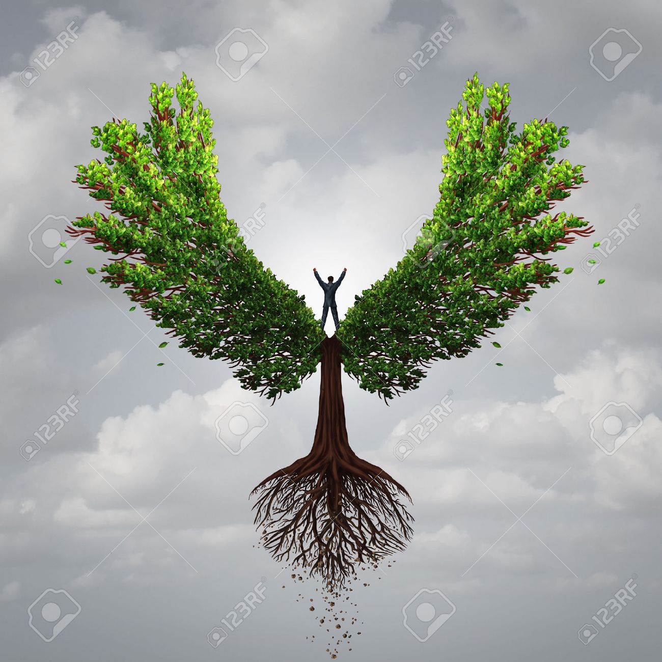 Control your life opportunity concept as a person taking charge and controlling a tree with wings flying towards a goal for success as a psychology symbol for positive thinking in a 3D illustration style. - 57750225 Control your life opportunity concept as a person taking charge and controlling a tree with wings flying towards a goal for success as a psychology symbol for positive thinking in a 3D illustration style. - 57750225