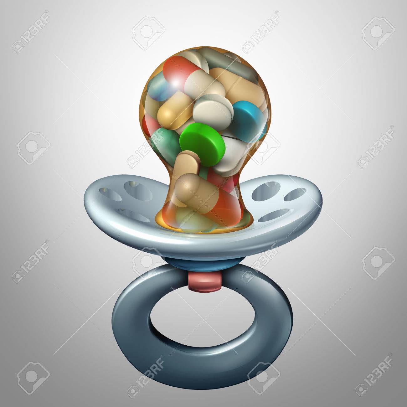 Medecine Bebe Concept Medical Comme Une Sucette Avec Des Pilules Et Des Medicaments A L Interieur Comme Un Dosage Ou De Prescription Pour Les Questions Des Nouveau Nes Ou Les Jeunes Comme Une Illustration