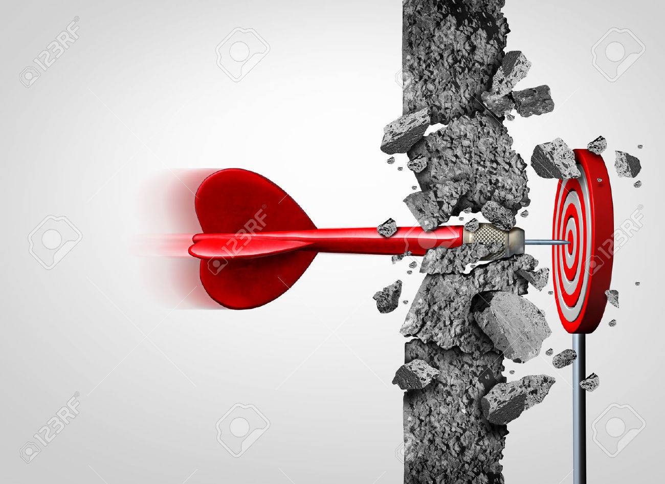 Breaking Through for success without limits and overcoming obstacles as a concrete wall to achieve a goal as a metaphor for a cure or business goals and hitting a financial target with 3D illustration elements. - 66522893 Breaking Through for success without limits and overcoming obstacles as a concrete wall to achieve a goal as a metaphor for a cure or business goals and hitting a financial target with 3D illustration elements. - 66522893