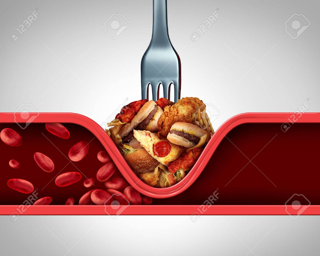 血行不良食品 目詰まり動脈や人間の心と 3 D イラスト要素が付いている器官への血流をブロック動脈の狭小化を引き起こす脂っこいファーストフードとフォークとして人間の静脈の原因 の写真素材 画像素材 Image