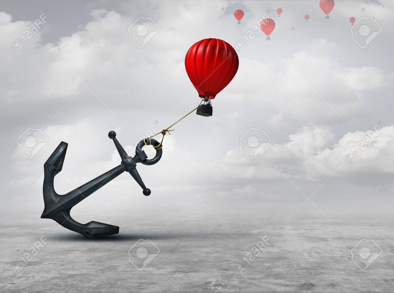 Held back metaphor as a large anchor holding or oppressing an air balloon and restricting movement as a suppression business metaphor from aspiring to succeed with 3D illustration elements. - 73005388 Held back metaphor as a large anchor holding or oppressing an air balloon and restricting movement as a suppression business metaphor from aspiring to succeed with 3D illustration elements. - 73005388