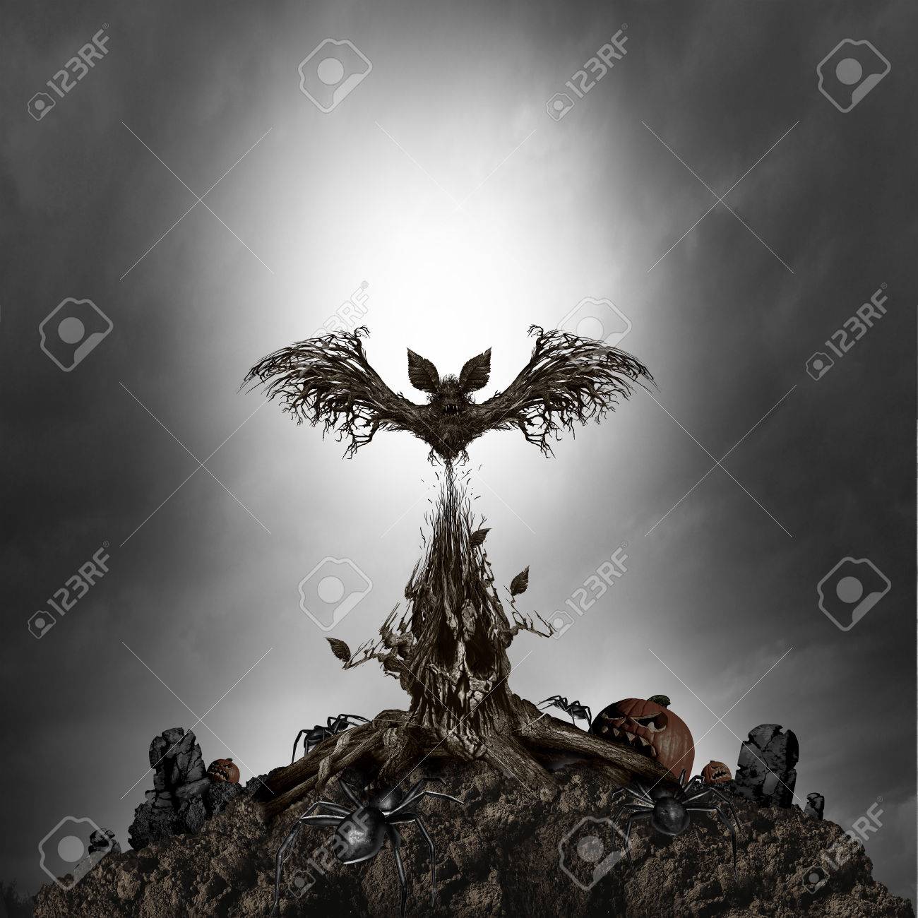 突然変異植物で不気味な暗い夜恐怖シーンとして怖いツリー モンスターという概念として邪悪な頭骨の形し 3 D イラスト 要素を持つ現実的なハロウィン背景としてゴースト バットをお化け の写真素材 画像素材 Image