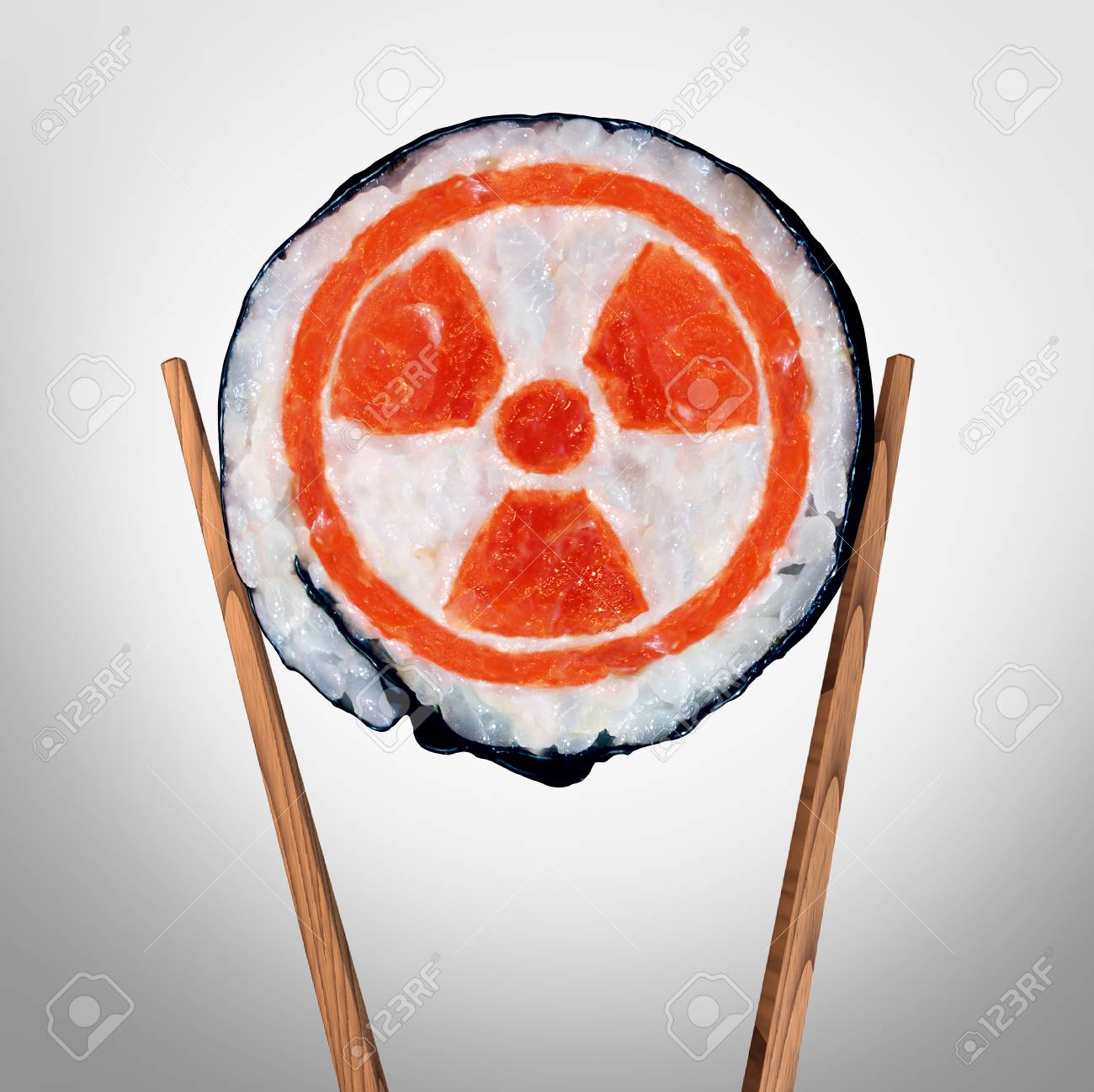 Radioactive food and contaminated meal with radioactivity as a piece of sushi held by chopsticks as a metaphor for nuclear threat in asia with 3D illustration elements. - 91261319 Radioactive food and contaminated meal with radioactivity as a piece of sushi held by chopsticks as a metaphor for nuclear threat in asia with 3D illustration elements. - 91261319