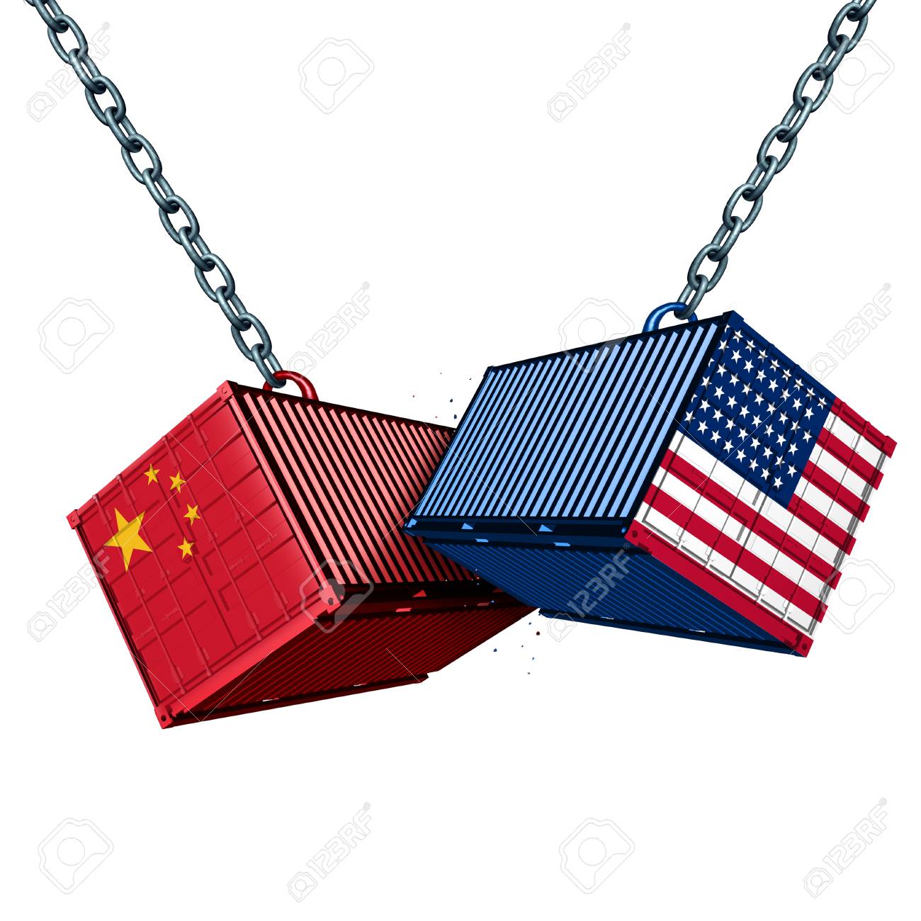 中国とアメリカの関税戦争は 3dイラストとして輸出入概念をめぐる経済紛争として紛争中の2つの貨物コンテナとして中国米国の貿易問題として の写真素材 画像素材 Image