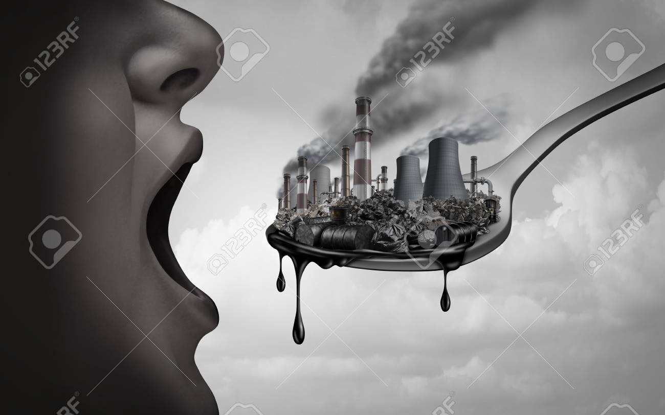Concept of pollution and toxic pollutants inside the human body and eating contaminated food as an open mouth ingesting industrial toxins or climate change affects on the body with 3D illustration elements. - 119265536 Concept of pollution and toxic pollutants inside the human body and eating contaminated food as an open mouth ingesting industrial toxins or climate change affects on the body with 3D illustration elements. - 119265536