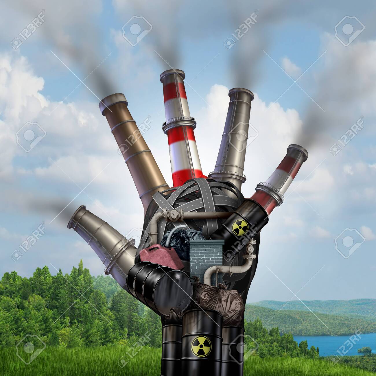 Danger of Climate change and extreme weather concept with a polluted dirty industrial hand destroying the fragile green natural landscape with 3D illustration elements. - 124773490 Danger of Climate change and extreme weather concept with a polluted dirty industrial hand destroying the fragile green natural landscape with 3D illustration elements. - 124773490