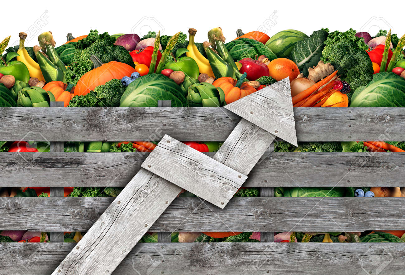 Agriculture Food Inflation And Rising Prices For Fruit And Vegetable  Farming Industry From A Farmers Market With A Group Of Assorted Fruits And  Vegetables In A Wood Box With An Arrow. Stock