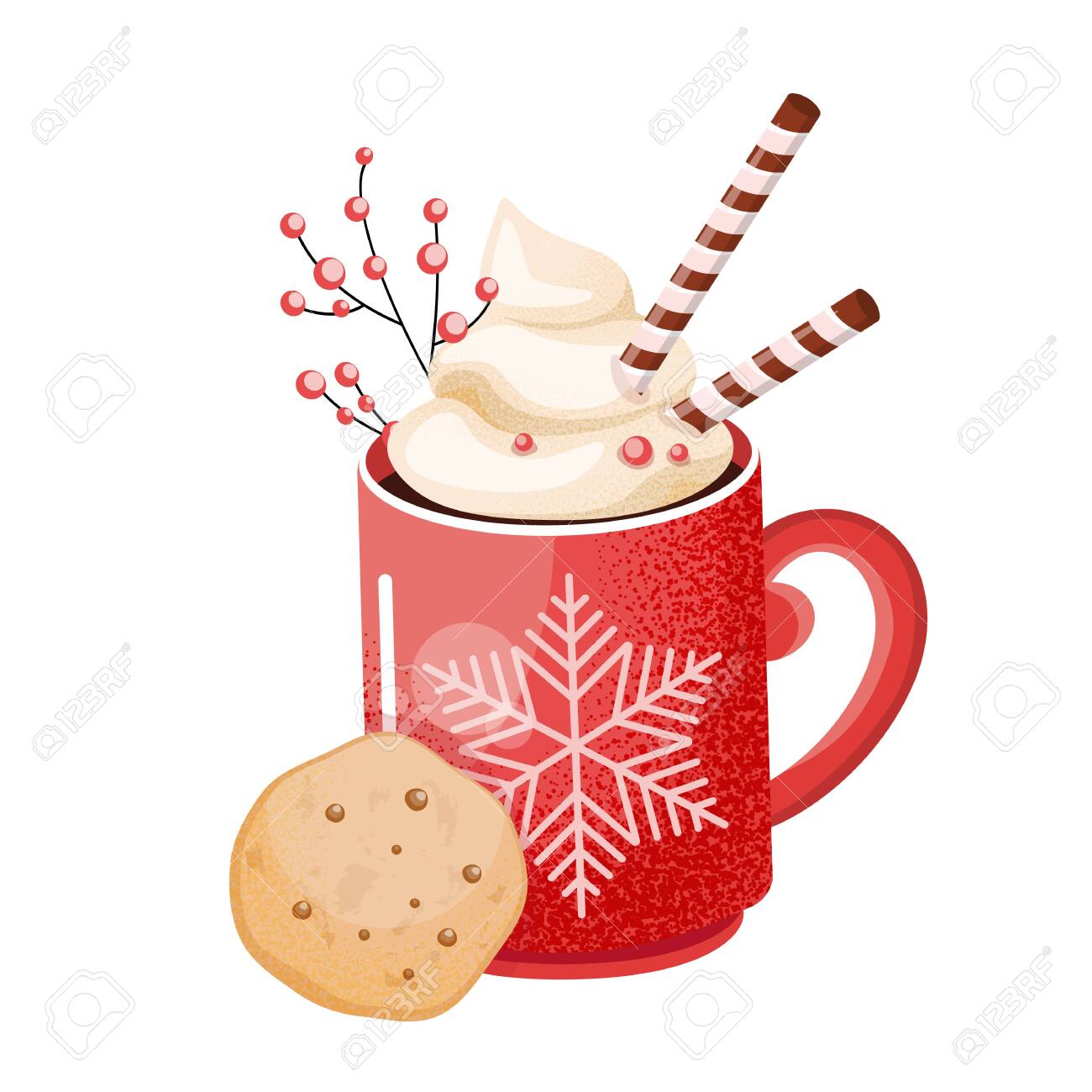 A Cup Of Hot Chocolate. Christmas Drink On A Winter Background. A Red Mug  Of Cocoa With A Big Snowflake And Cookies To Go. Seasonal Banner. Colorful  Vector Illustration. Digital Hand-drawn. Royalty, image size:1300x1300