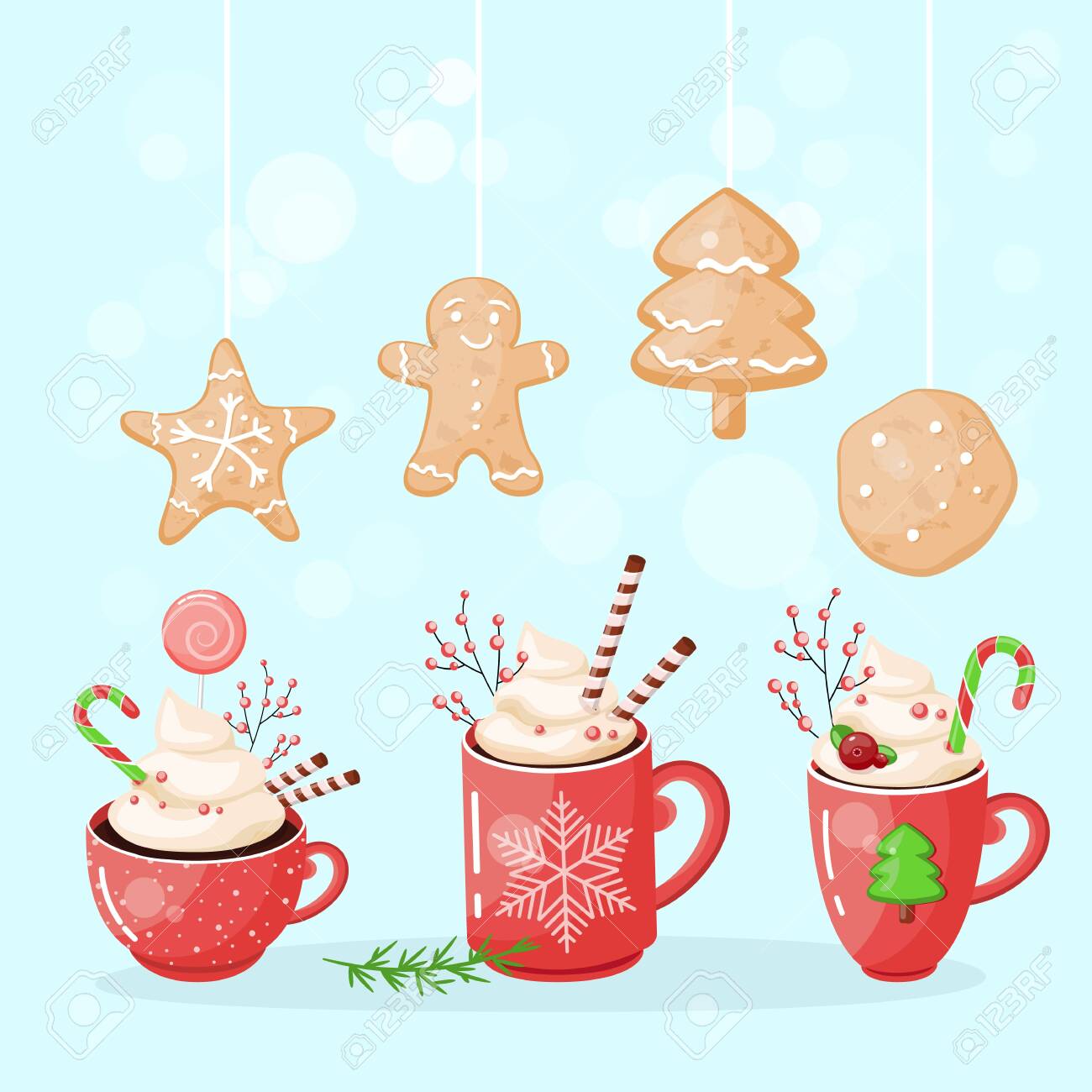 A Set Of Cups Of Hot Chocolate With Cookies On Top. Christmas Drink On A  Winter Background. Red Mug Of Cocoa To Go. Seasonal Banner. Colorful Vector  Illustration. Digital Hand-drawn. Royalty Free, image size:1300x1300