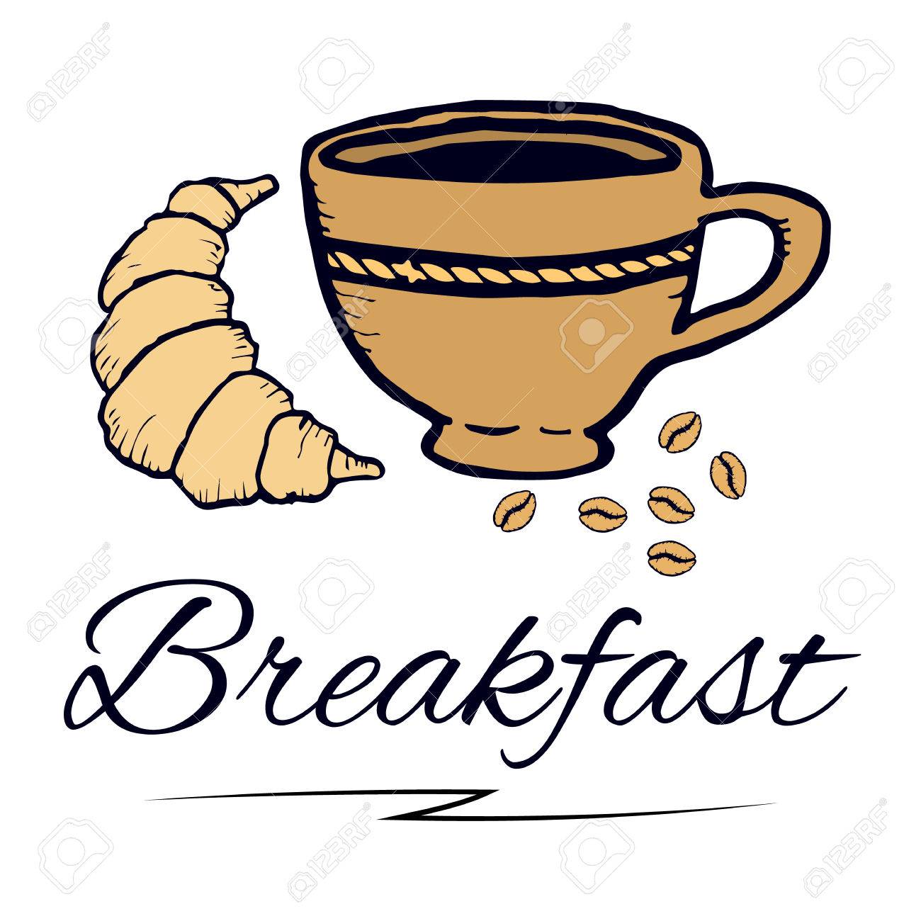 Petit Déjeuner Tasse à Café Croissant Grain De Café Illustration De Vecteur Isolé Pour Les Cafés Les Magasins Le Web Les Impressions