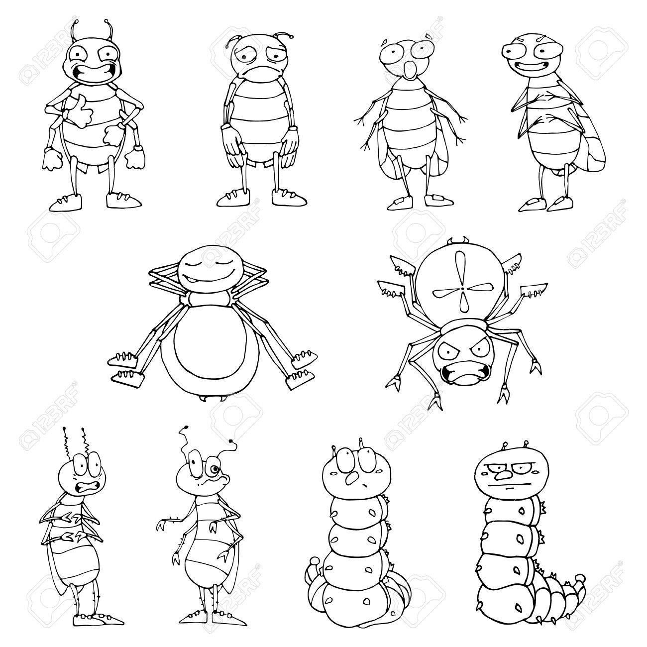 媒介昆虫のセットです クモ ハエ カブトムシ 幼虫 漫画風 それぞれの昆虫は 感情を表現します 分離文字 印刷 Web デザインなどに使用します の イラスト素材 ベクタ Image